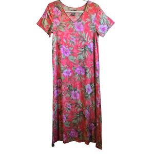Vintage Floral Cypress Womens M Coral Tropical Hibiscus Rayon V-Neck Maxi Dress